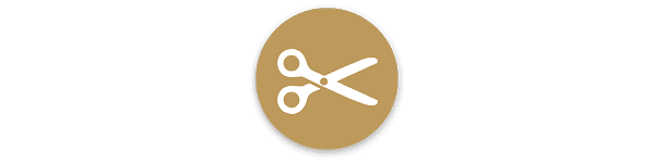 Stylized icon of scissors on a gold circle background.