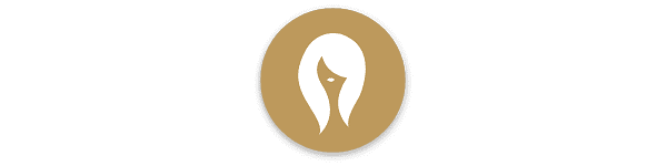 Golden logo with a stylized white pen nib and woman's silhouette.