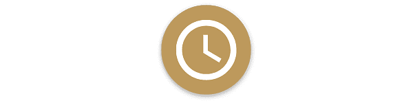 A minimalist clock icon with white hands on a gold circle background.