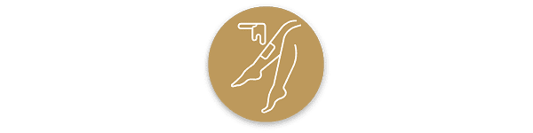 Line art of legs with decorative detail in a circular beige background.